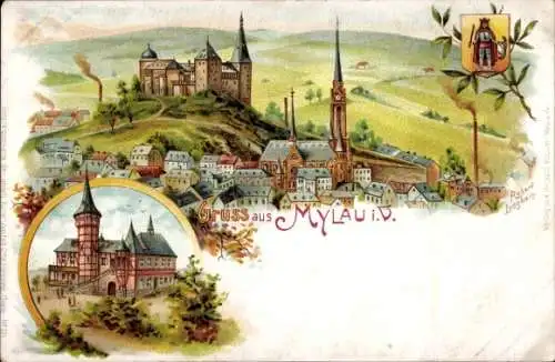 Wappen Künstler Litho Langbein, R., Mylau Reichenbach im Vogtland, Blick auf Ortschaft und Umgebung