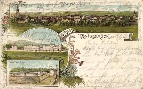 Litho Königsbrück in der Oberlausitz, Artilleriekaserne, Barackenlager, Panorama vom Bahnhof aus