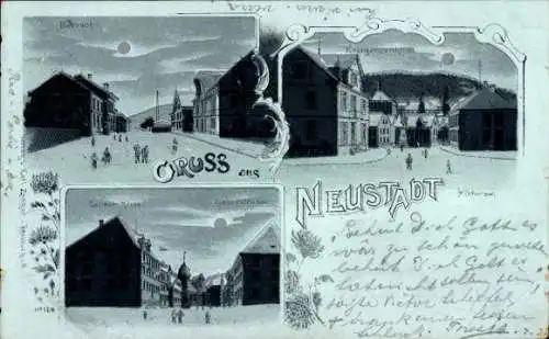 Passepartout Mondschein Litho Neustadt im Schwarzwald, Bahnhof, Kriegerdenkmal, Gasthof