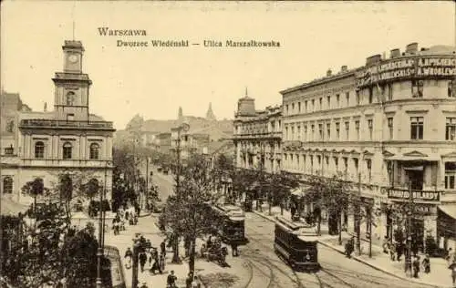 Ak Warszawa Warschau Polen, Marschallkowskastraße, Wiener Bahnhof, Geschäftshäuser, Straßenbahn