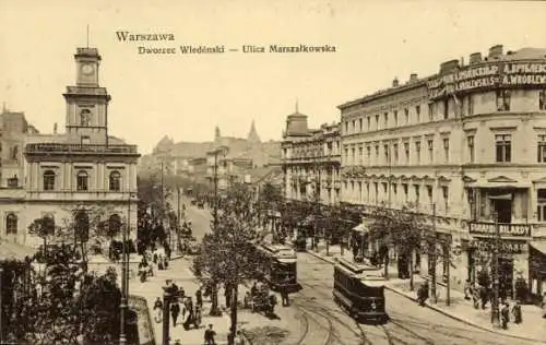 Ak Warszawa Warschau Polen, Marschallkowskastraße, Wiener Bahnhof, Geschäftshäuser, Straßenbahn
