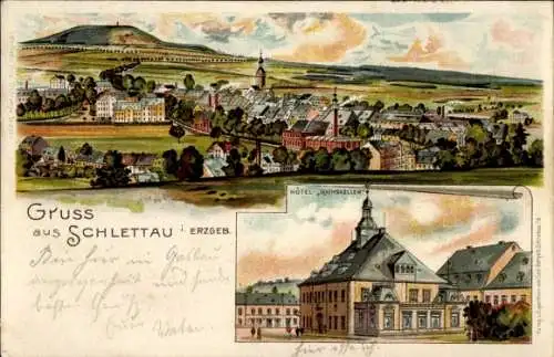 Litho Schlettau, Hotel Rathskeller, Blick zum Ort