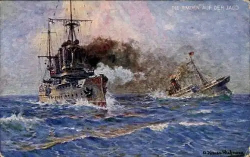 Künstler Ak Krause Wichmann, Deutsches Kriegsschiff SMS Emden auf der Jagd, Kaiserliche Marine