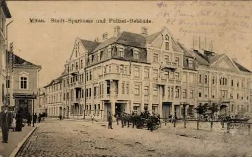 Ak Jelgava Mitau Lettland, Stadt-Sparkasse und Polizei-Gebäude