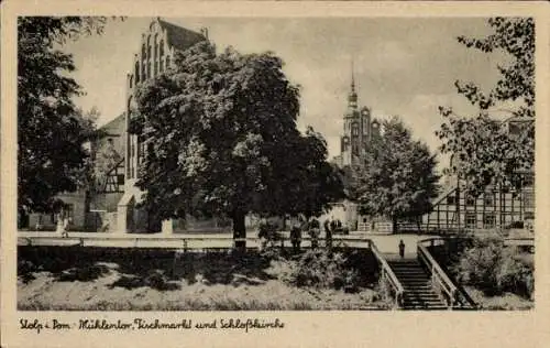 Ak Słupsk Stolp Pommern, Mühlentor, Fischmarkt, Schlosskirche