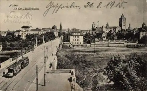 Ak Poznań Posen, An der Theaterbrücke, Straßenbahn