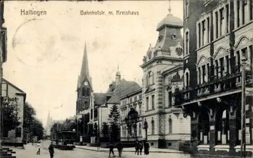 Ak Hattingen an der Ruhr, Bahnhofstraße, Kreishaus, Straßenbahn