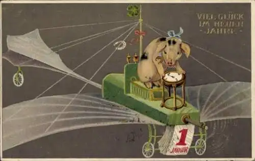 Ak Glückwunsch Neujahr, Schweinchen steuert Flugzeug, Hufeisen, Glücksklee