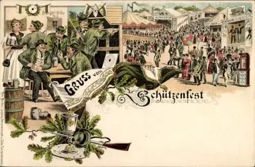 Litho Gruß vom Schützenfest, Festplatz, Attraktionen, Schützen