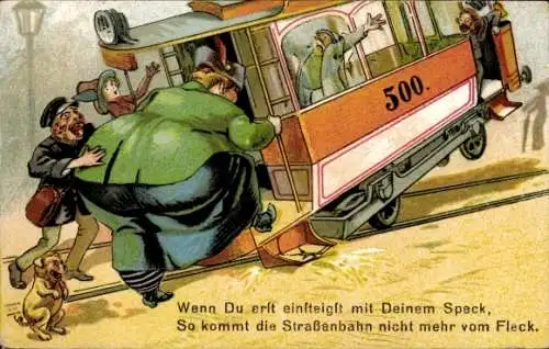 Litho Dicke Frau steigt in die Straßenbahn ein, Humor