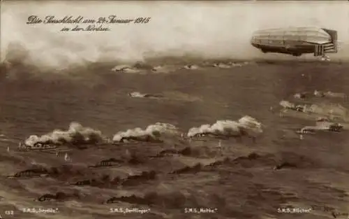 Künstler Ak Seeschlacht 1915, SMS Seydlitz, Derfflinger, Moltke, Blücher, Marineluftschiff