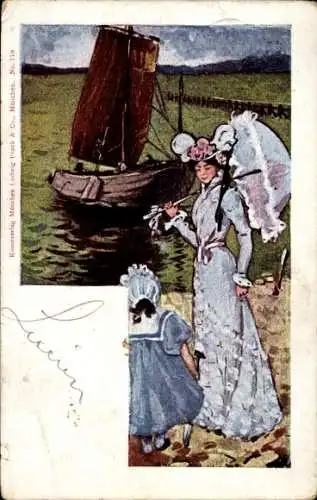 Ak Junge Frau mit Sonnenschirm, Kleines Mädchen, Ruderboot