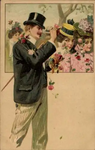 Litho Mann im Anzug, Frauen, Portrait, Flirt