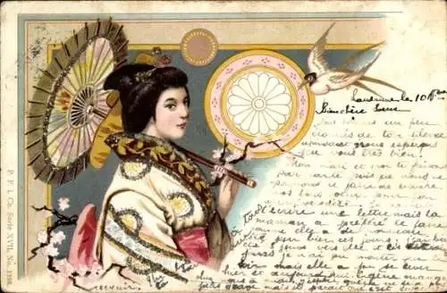 Glitzer Litho Frau in japanischer Tracht, Portrait