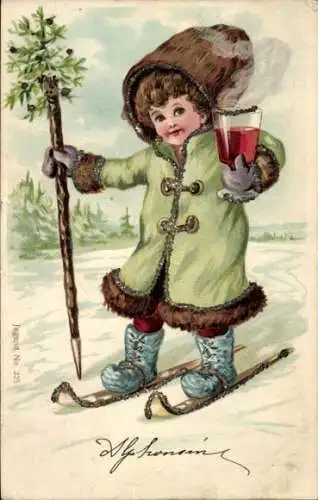 Glitzer Litho Mädchen auf Skiern, Punsch