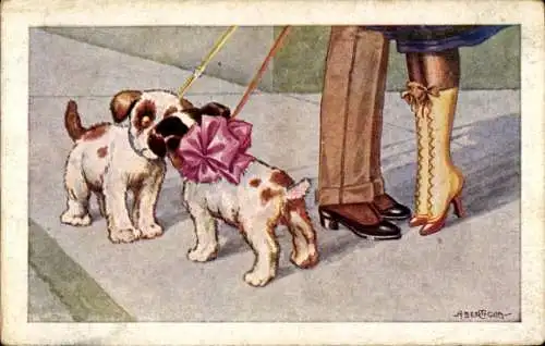 Künstler Ak Bertiglia, A., Hunde, beim Spaziergang, Hund mit Schleife, Paar, Dame, gelbe Stiefel