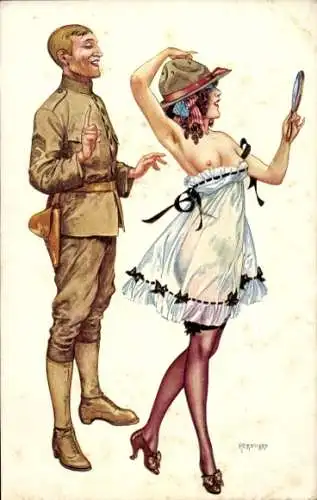Künstler Ak Herouard, neue Mode, Frau in erotischer Kleidung, barbusig, Soldat