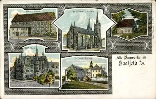 Litho Saalfeld an der Saale Thüringen, Münz-Kirche, St. Johannis Kirche, Rathaus