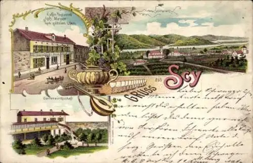 Litho Scy Lothringen Moselle, Restaurant zum goldenen Löwen, Gartenwirtschaft, Panorama