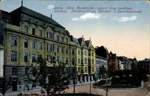 Ak Lwów Lemberg Ukraine, Ulica Akademicka i gmach Izby handlowej, Akademiegasse, Handelskammer