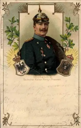 Präge Litho Kaiser Wilhelm II., Wappen, Pickelhaube