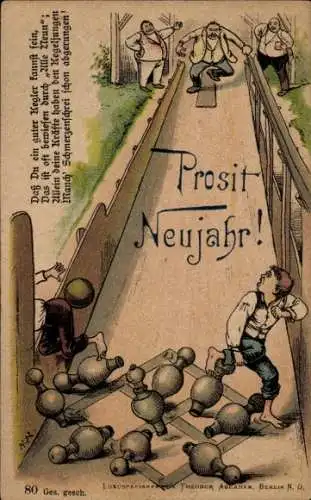 Ak Glückwunsch Neujahr, Männer beim Kegeln, Junge, Kegelbahn