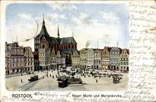 Litho Hansestadt Rostock, Neuer Markt, Marienkirche