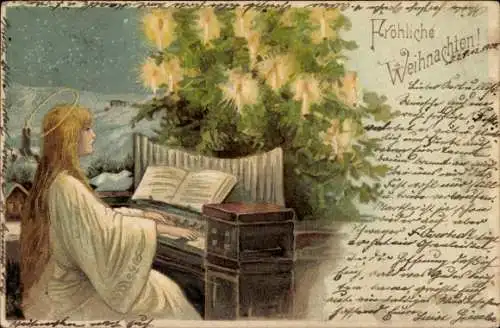 Ak Frohe Weihnachten, Tannenbaum, singender Engel