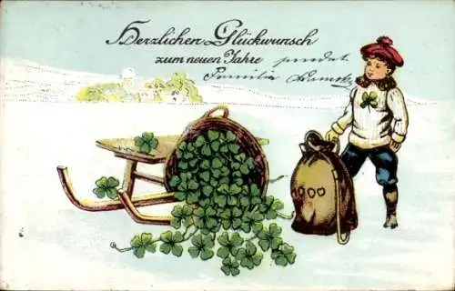 Präge Ak Glückwunsch Neujahr, Junge, Geldsack, Glücksklee, Schlitten