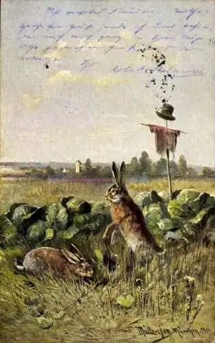 Künstler Litho Müller, Hasen essen Kohl, Gemüse, Vogelscheuche