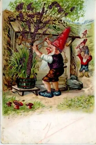 Glitzer Litho Zwerge, Holzhütte, Baum, Pilze