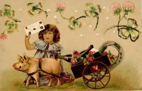 Präge Glitzer Ak Mädchen, Schwein, Karren, Sektflaschen, Hufeisen, Blumen, Glücksklee