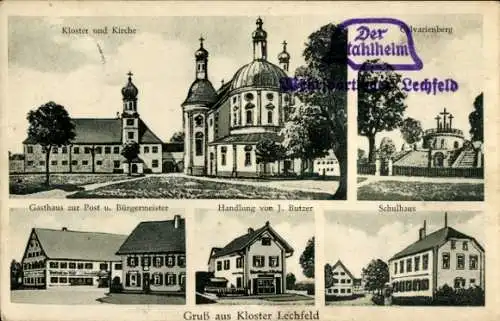 Ak Kloster Lechfeld, Klosterkirche, Calvarienberg, Gasthaus zur Post, Geschäft J. Butzer, Schule