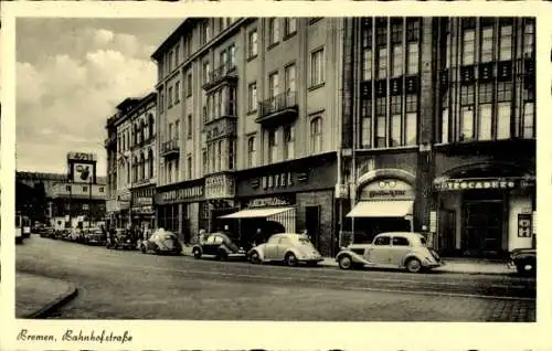 Ak Hansestadt Bremen, Bahnhofstraße mit Hotel Schaper-Siedenburg und Geschäften, Autos