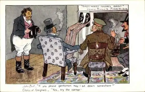 Künstler Ak Moreland, Arthur, John Bull, Chorus of Foreigners, tariff reform, better employment