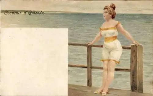 Litho Junge Frau in knappem Badekleid am Strand