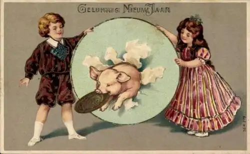 Präge Litho Glückwunsch Neujahr, Kinder, Schwein springt durch einen Reifen