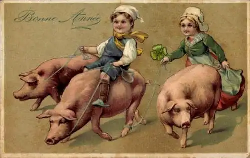 Präge Litho Glückwunsch Neujahr, Kinder, Schweine, Klee