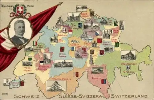Ak Schweiz, Bundesrat Müller, Nationalfahne, Kantonswappen
