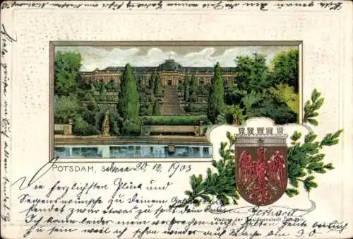 Präge Wappen Litho Potsdam in Brandenburg, Sanssouci, Partie im Schlosspark