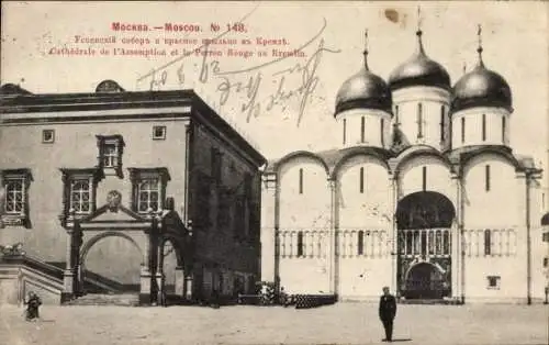 CPA Moscou Russie, Cathédrale de l'Assomption, Perron Rouge au Kremlin