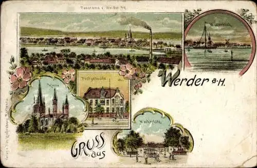 Litho Werder an der Havel, Panorama, Kirche, Post, Marktplatz, Mühlenblick