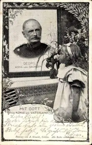 Passepartout Ak König Georg von Sachsen, Mit Gott für König und Vaterland, Mädchen, Trauerkarte