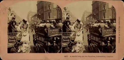 Stereo Foto London England, Menschenmengen bei der Krönung, Passagiere in einem Omnibus