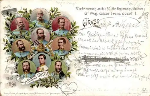 Litho Kaiser Franz Joseph I., 50 jähriges Regierungs-Jubiläum 1898, Viribus Unitis