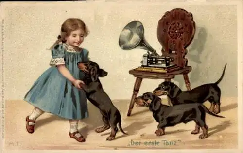 Litho Der erste Tanz, Mädchen, drei Dackel, Grammophon