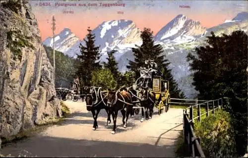 Ak Toggenburg Kanton St. Gallen, Postkarte zeigt eine Berglandschaft mit einer Pferdekutsche, ...