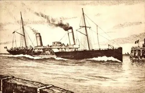 Ak Dover Kent England, Das Bild zeigt ein schwarz-weiß gezeichnetes Dampfschiff mit zwei Maste...