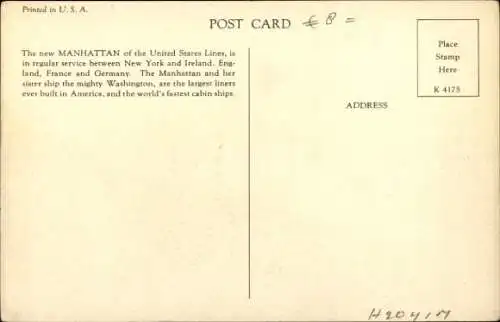 Ak Dampfer Manhattan, United States Lines USL