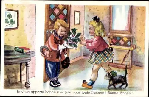 Ak Glückwunsch Neujahr, Kinder, Gratulant, Stechpalme, Katze, Besuch